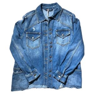 FREE PEOPLE Women’s Distressed Long Sleeve Casual Jean Jacket
